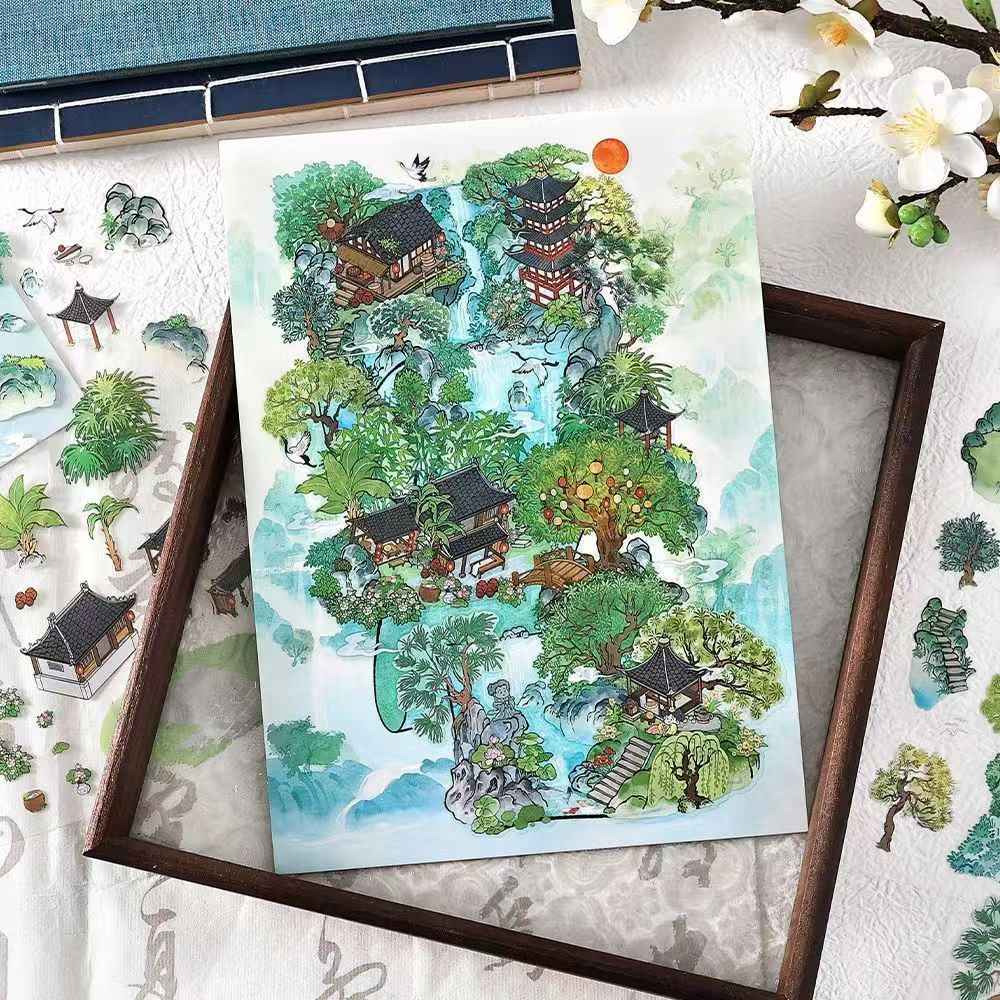 Mountain and Water Series – Plus 3D Miniature Sticker Scenes - 2 Theme Sets: Mountain Peach Blossoms | Forest Trees