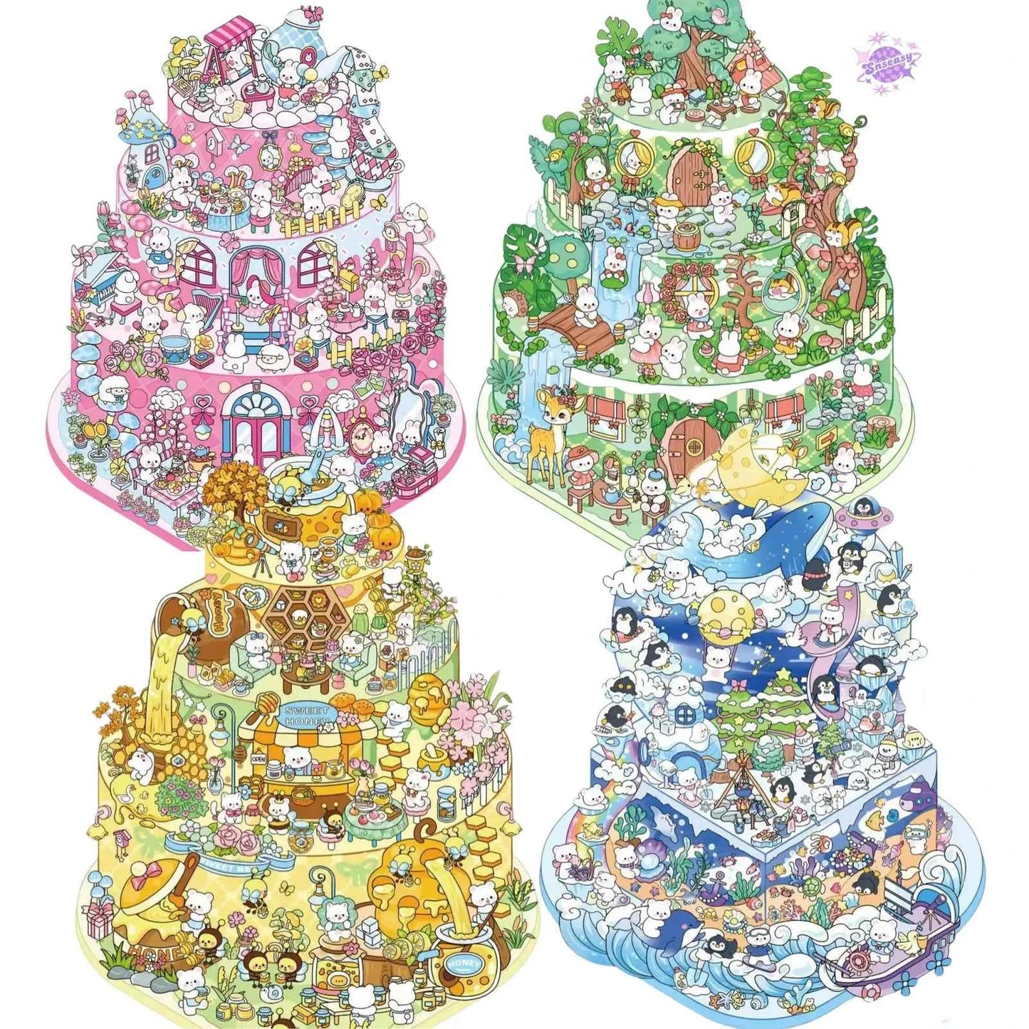 Cake Tea Party Series – 3D Miniature Sticker Scenes - 4 Theme Sets: Pink Villa | Starry Sea | Honey Cottage | Forest Cabin