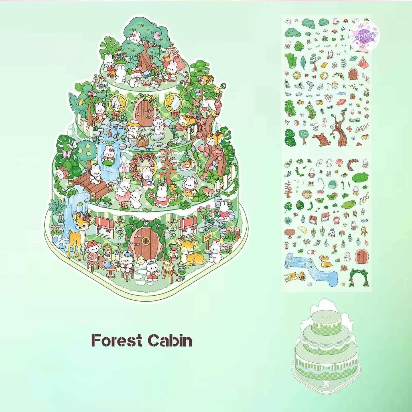 Cake Tea Party Series – 3D Miniature Sticker Scenes - 4 Theme Sets: Pink Villa | Starry Sea | Honey Cottage | Forest Cabin