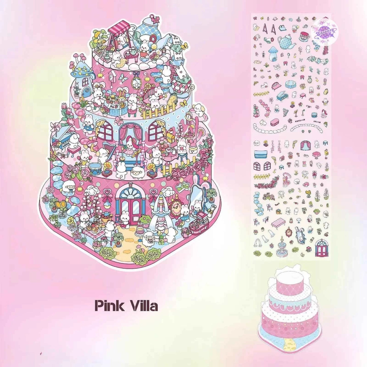 Cake Tea Party Series – 3D Miniature Sticker Scenes - 4 Theme Sets: Pink Villa | Starry Sea | Honey Cottage | Forest Cabin