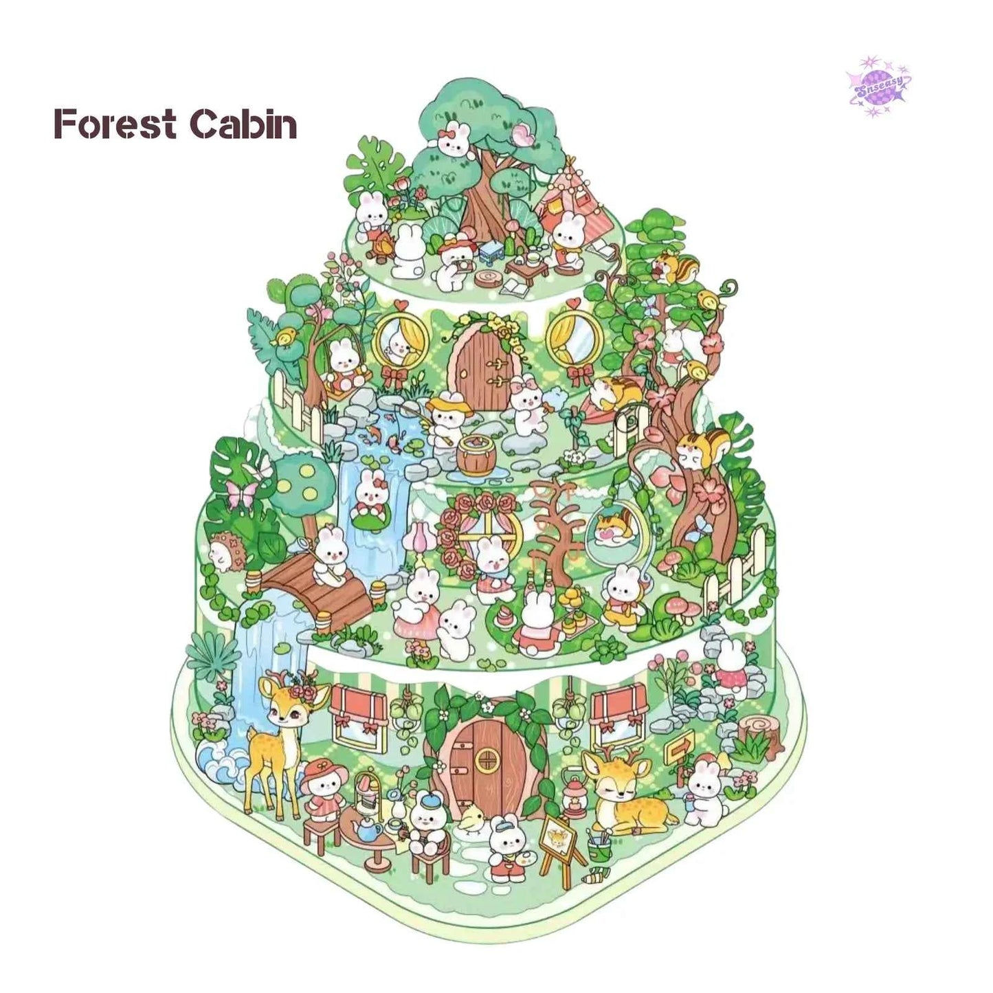 Cake Tea Party Series – 3D Miniature Sticker Scenes - 4 Theme Sets: Pink Villa | Starry Sea | Honey Cottage | Forest Cabin