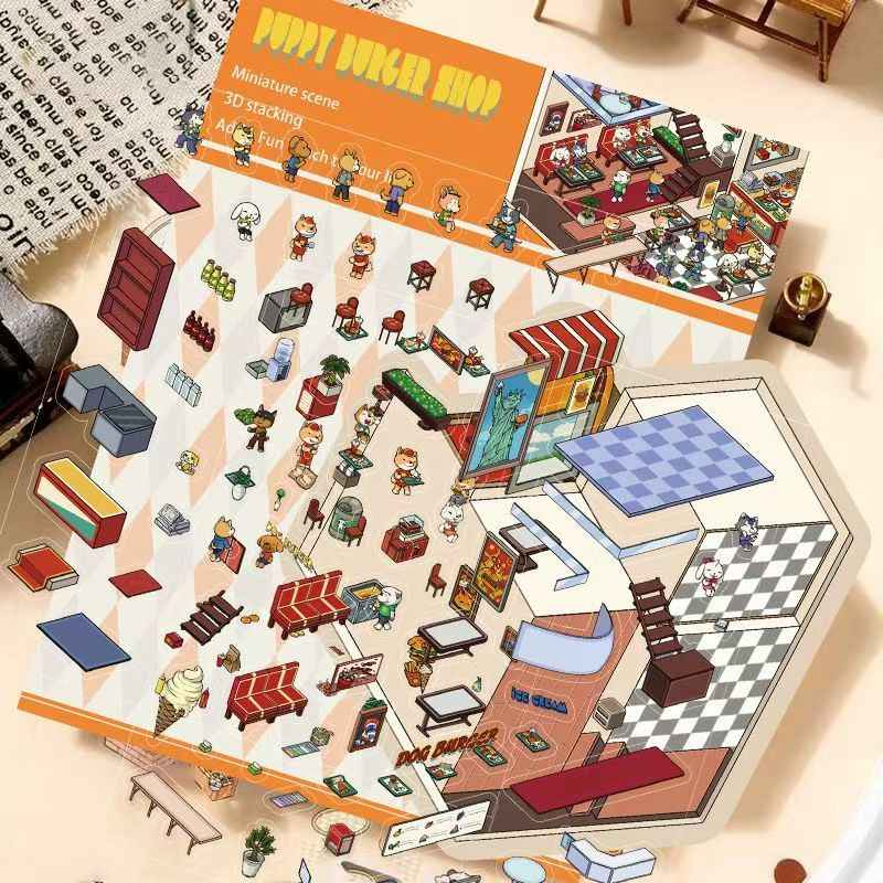 Tea Cup World – 3D DIY Miniature Sticker Scenes - 4 Theme Sets: Tea Cup World | Ancient Style Landscaping | Chinese Wedding | Dog House Burger
