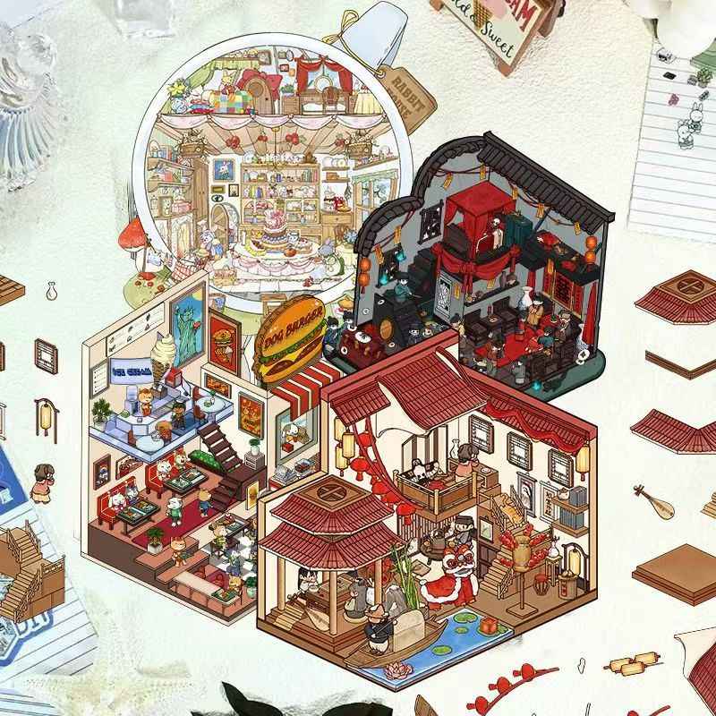 Tea Cup World – 3D DIY Miniature Sticker Scenes - 4 Theme Sets: Tea Cup World | Ancient Style Landscaping | Chinese Wedding | Dog House Burger