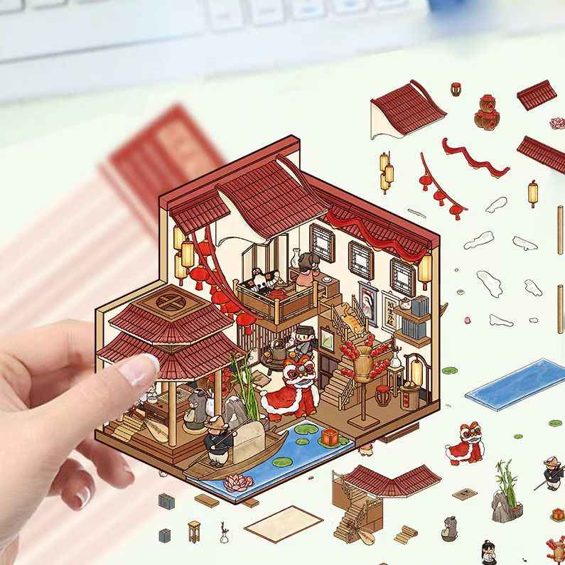 Tea Cup World – 3D DIY Miniature Sticker Scenes - 4 Theme Sets: Tea Cup World | Ancient Style Landscaping | Chinese Wedding | Dog House Burger