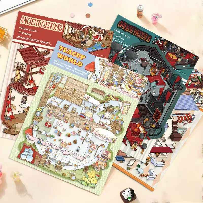 Tea Cup World – 3D DIY Miniature Sticker Scenes - 4 Theme Sets: Tea Cup World | Ancient Style Landscaping | Chinese Wedding | Dog House Burger