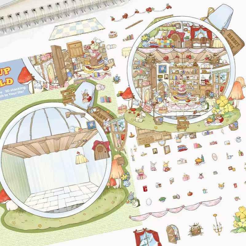 Tea Cup World – 3D DIY Miniature Sticker Scenes - 4 Theme Sets: Tea Cup World | Ancient Style Landscaping | Chinese Wedding | Dog House Burger