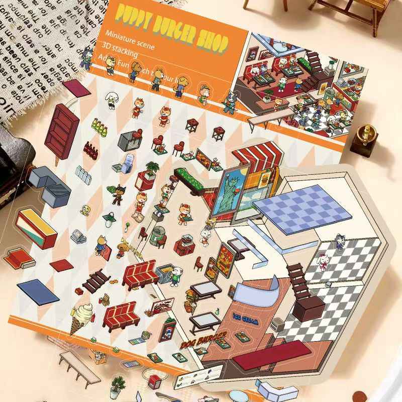 Tea Cup World – 3D DIY Miniature Sticker Scenes - 4 Theme Sets: Tea Cup World | Ancient Style Landscaping | Chinese Wedding | Dog House Burger