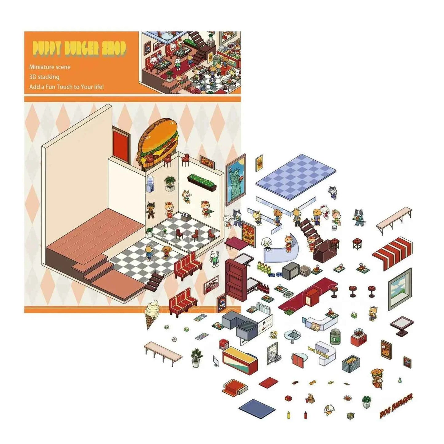 Tea Cup World – 3D DIY Miniature Sticker Scenes - 4 Theme Sets: Tea Cup World | Ancient Style Landscaping | Chinese Wedding | Dog House Burger