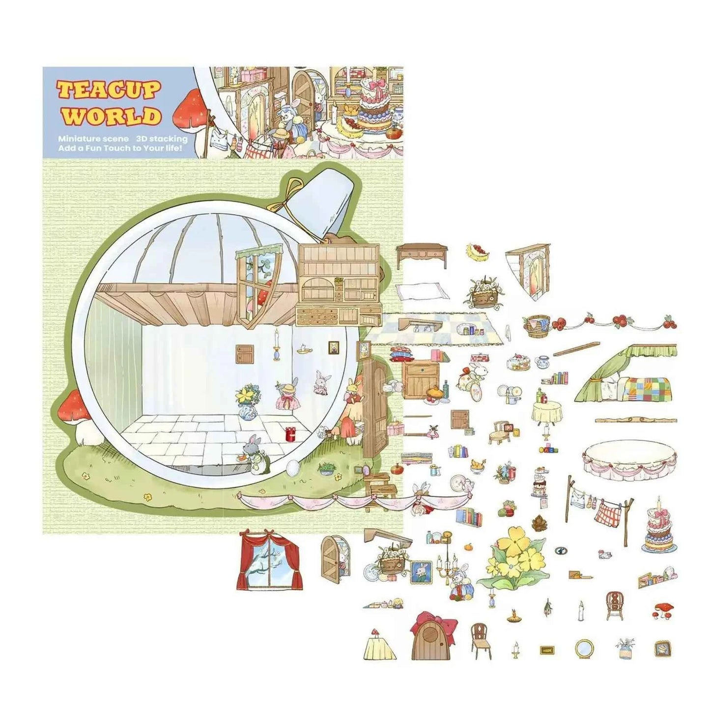 Tea Cup World – 3D DIY Miniature Sticker Scenes - 4 Theme Sets: Tea Cup World | Ancient Style Landscaping | Chinese Wedding | Dog House Burger
