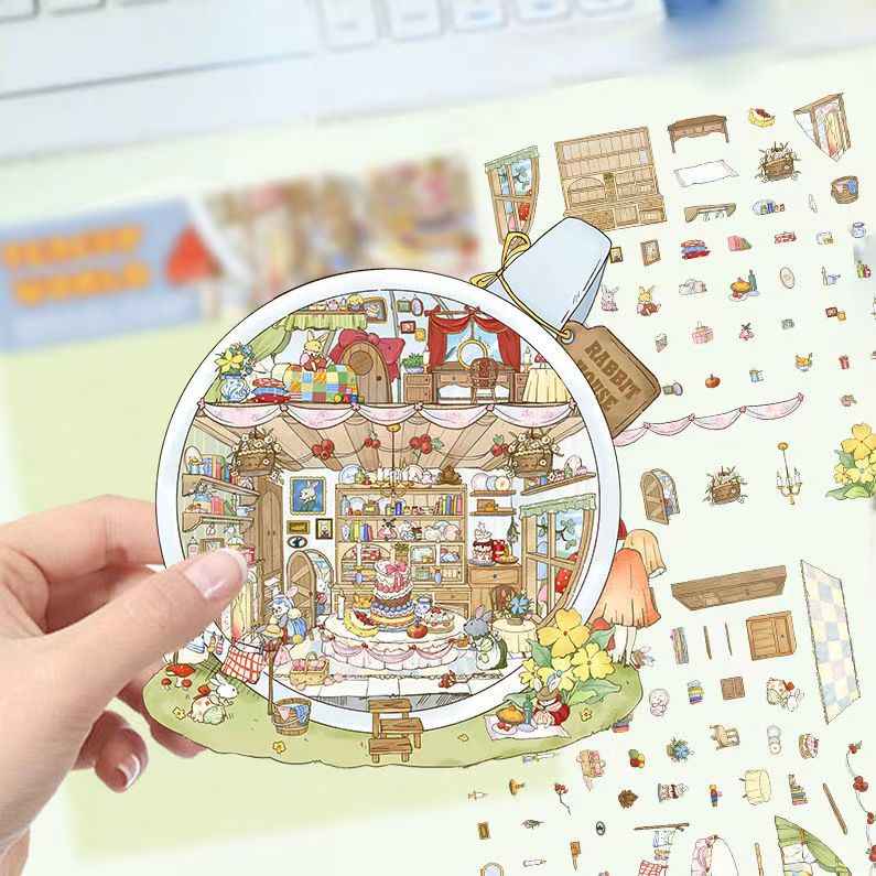 Tea Cup World – 3D DIY Miniature Sticker Scenes - 4 Theme Sets: Tea Cup World | Ancient Style Landscaping | Chinese Wedding | Dog House Burger