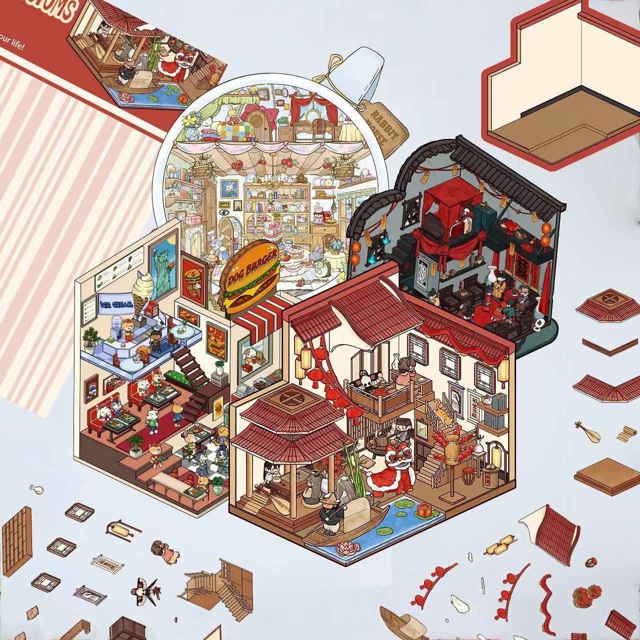 Tea Cup World – 3D DIY Miniature Sticker Scenes - 4 Theme Sets: Tea Cup World | Ancient Style Landscaping | Chinese Wedding | Dog House Burger