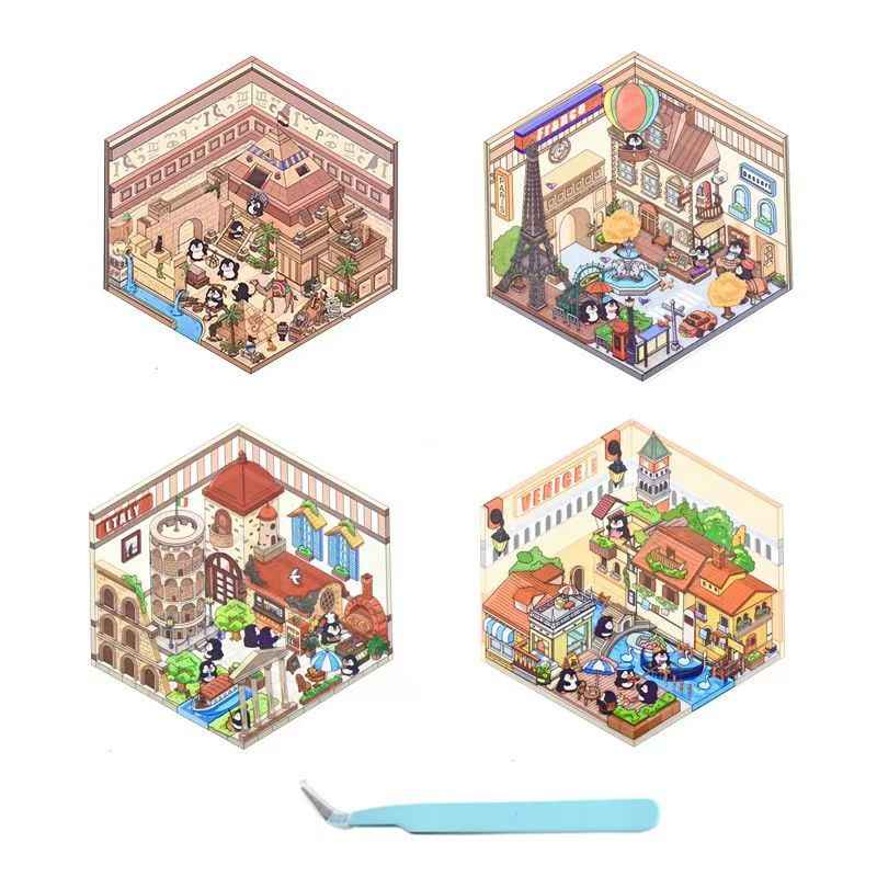 Penguin Travel Series – 3D DIY Miniature Sticker Scenes - 4 Theme Sets: Egyptian Penguin | French Penguin | Venetian Penguin | Italian Penguin