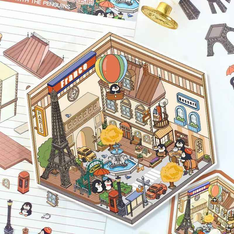 Penguin Travel Series – 3D DIY Miniature Sticker Scenes - 4 Theme Sets: Egyptian Penguin | French Penguin | Venetian Penguin | Italian Penguin
