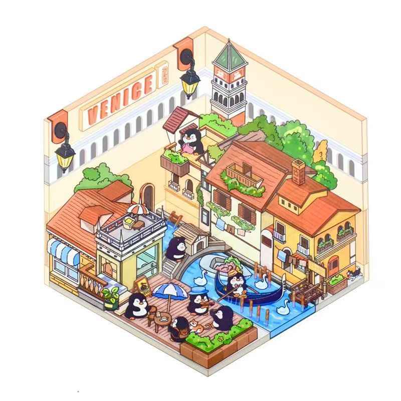Penguin Travel Series – 3D DIY Miniature Sticker Scenes - 4 Theme Sets: Egyptian Penguin | French Penguin | Venetian Penguin | Italian Penguin
