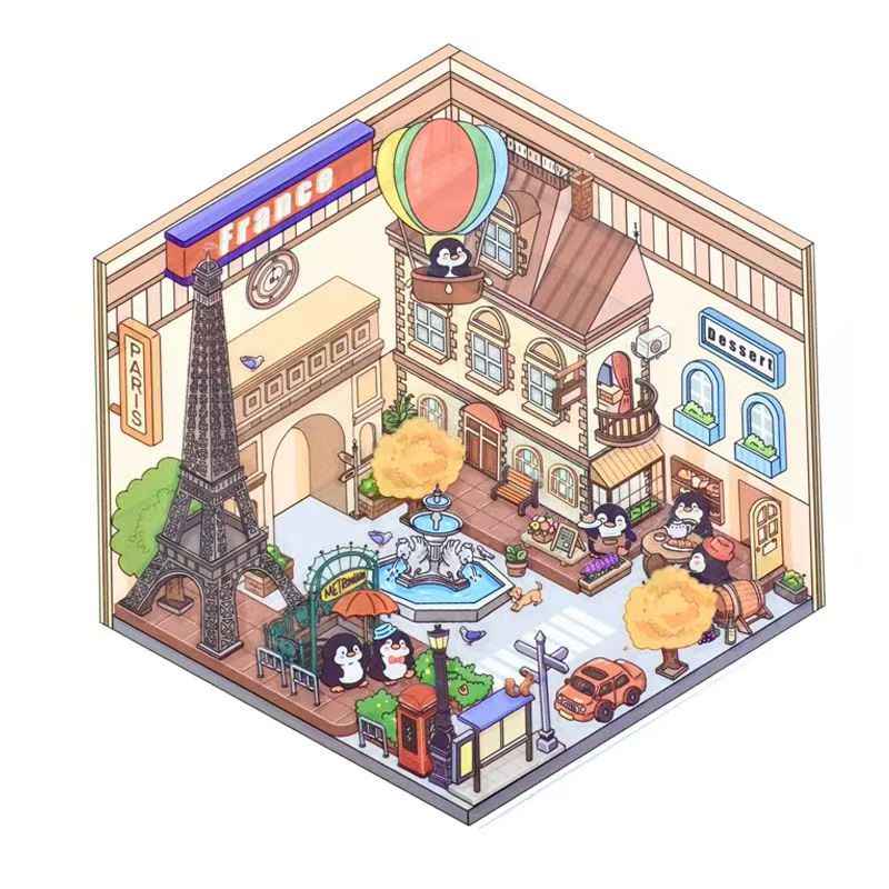 Penguin Travel Series – 3D DIY Miniature Sticker Scenes - 4 Theme Sets: Egyptian Penguin | French Penguin | Venetian Penguin | Italian Penguin