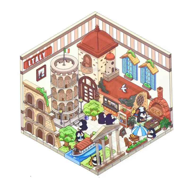 Penguin Travel Series – 3D DIY Miniature Sticker Scenes - 4 Theme Sets: Egyptian Penguin | French Penguin | Venetian Penguin | Italian Penguin