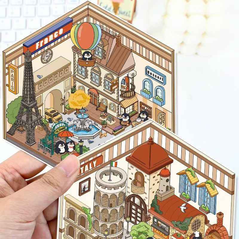 Penguin Travel Series – 3D DIY Miniature Sticker Scenes - 4 Theme Sets: Egyptian Penguin | French Penguin | Venetian Penguin | Italian Penguin