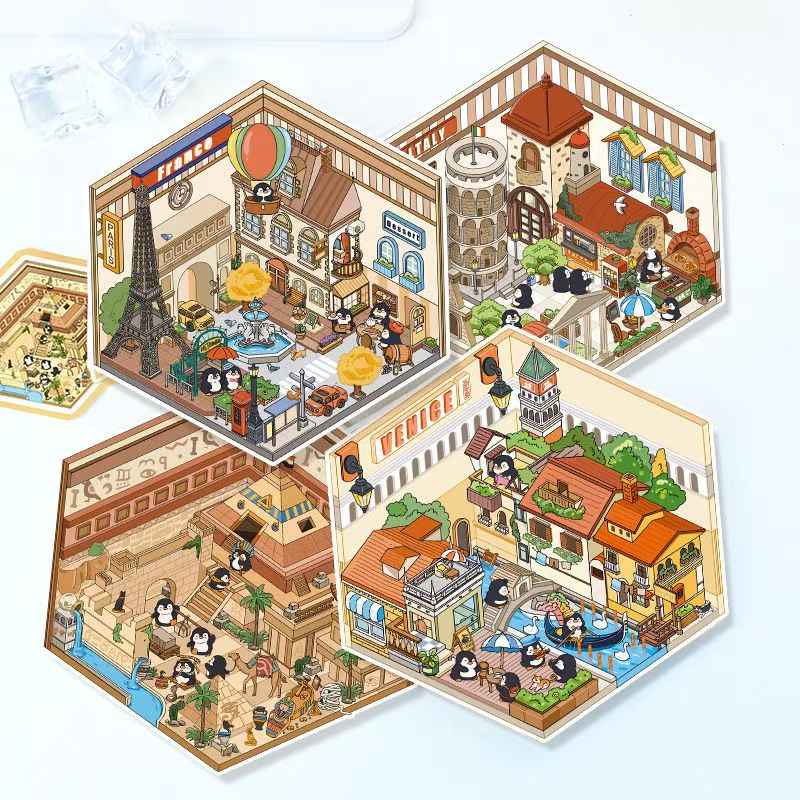 Penguin Travel Series – 3D DIY Miniature Sticker Scenes - 4 Theme Sets: Egyptian Penguin | French Penguin | Venetian Penguin | Italian Penguin