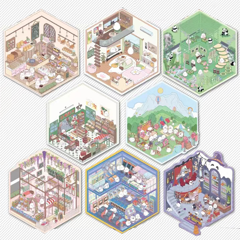 Cute Chick 3D Sticker Scenes - 12 Theme Sets: Coffee Flower | Panda Tea House | Bakery Shop | Apartment | Halloween | Outdoor Party | Snack Store | Arcade | Girls' Dormitory | Retro Hall | Public Bathhouse | Chinese Inn - SNSEASY