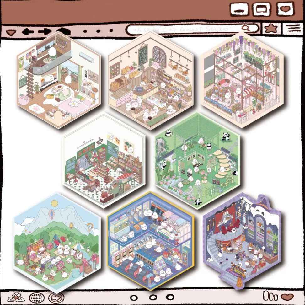 Cute Chick 3D Sticker Scenes - 12 Theme Sets: Coffee Flower | Panda Tea House | Bakery Shop | Apartment | Halloween | Outdoor Party | Snack Store | Arcade | Girls' Dormitory | Retro Hall | Public Bathhouse | Chinese Inn - SNSEASY
