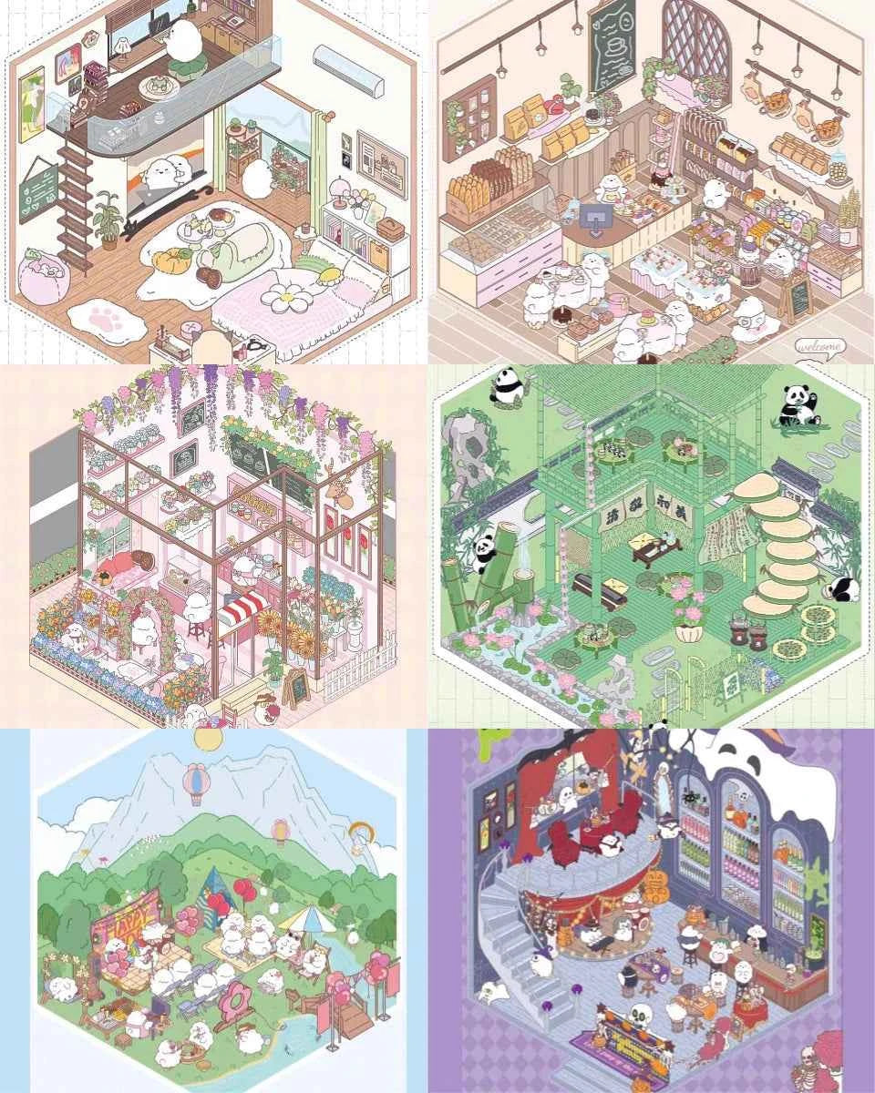 Cute Chick 3D Sticker Scenes - 12 Theme Sets: Coffee Flower | Panda Tea House | Bakery Shop | Apartment | Halloween | Outdoor Party | Snack Store | Arcade | Girls' Dormitory | Retro Hall | Public Bathhouse | Chinese Inn - SNSEASY