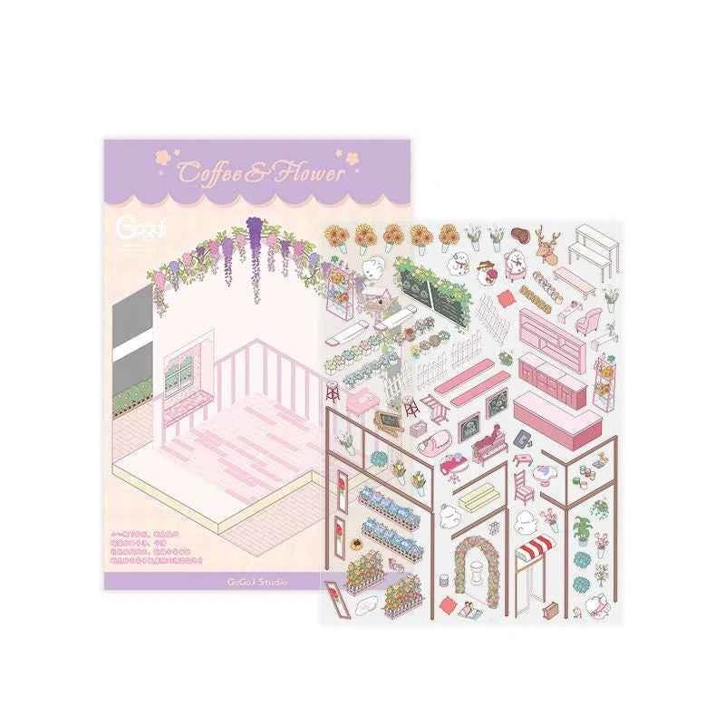 Cute Chick 3D Sticker Scenes - 12 Theme Sets: Coffee Flower | Panda Tea House | Bakery Shop | Apartment | Halloween | Outdoor Party | Snack Store | Arcade | Girls' Dormitory | Retro Hall | Public Bathhouse | Chinese Inn - SNSEASY