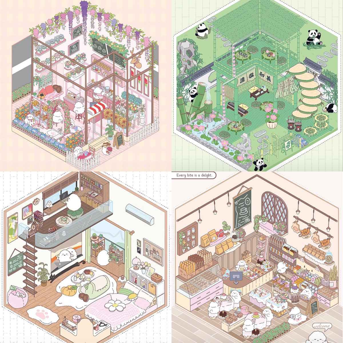 Cute Chick 3D Sticker Scenes - 12 Theme Sets: Coffee Flower | Panda Tea House | Bakery Shop | Apartment | Halloween | Outdoor Party | Snack Store | Arcade | Girls' Dormitory | Retro Hall | Public Bathhouse | Chinese Inn - SNSEASY