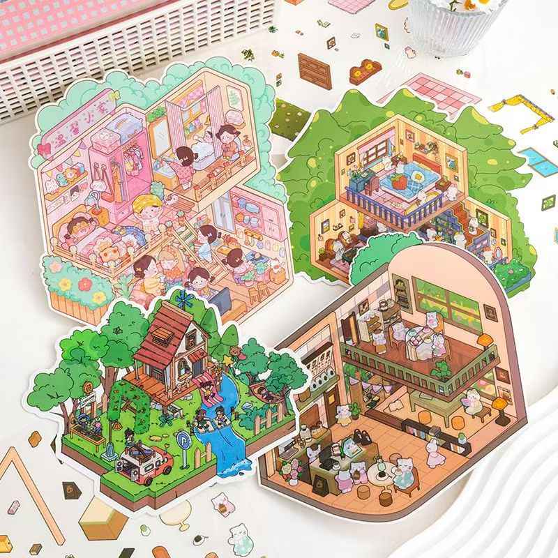 Leisure Cottage Plus – 3D DIY Miniature Sticker Scenes - 4 Theme Sets: Romantic Vacation | Forest Cottage | Cozy Home | Cat Café