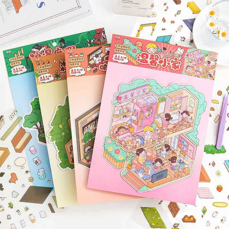 Leisure Cottage Plus – 3D DIY Miniature Sticker Scenes - 4 Theme Sets: Romantic Vacation | Forest Cottage | Cozy Home | Cat Café
