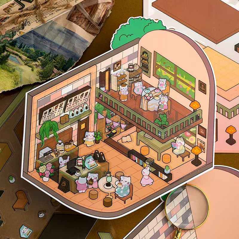 Leisure Cottage Plus – 3D DIY Miniature Sticker Scenes - 4 Theme Sets: Romantic Vacation | Forest Cottage | Cozy Home | Cat Café