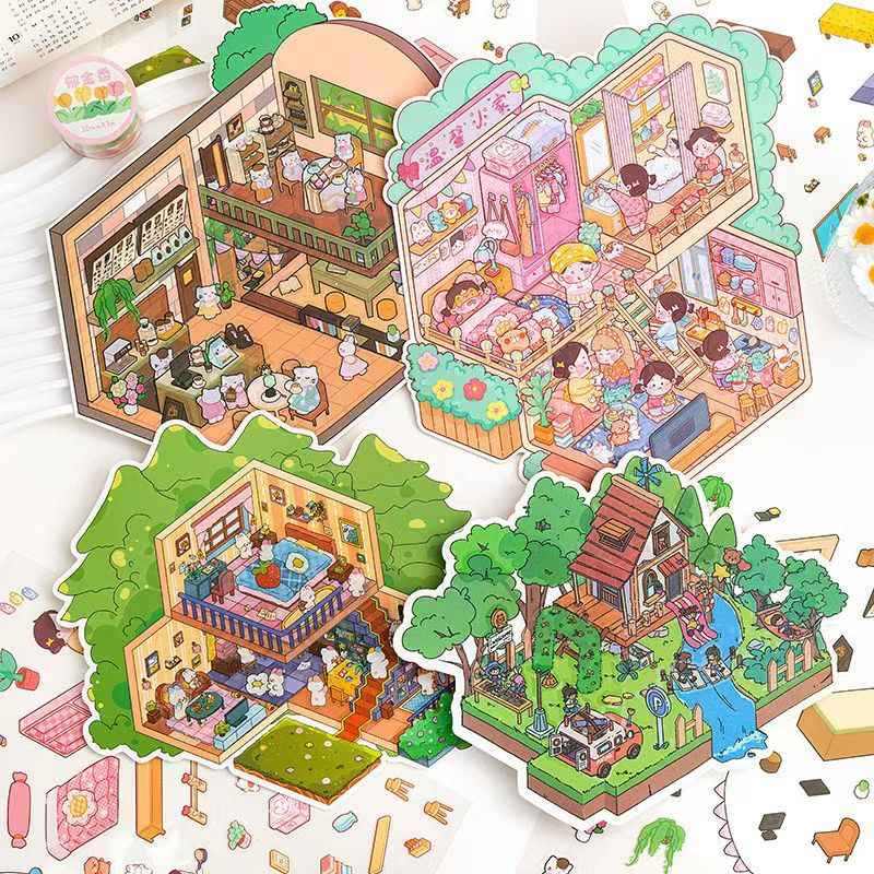 Leisure Cottage Plus – 3D DIY Miniature Sticker Scenes - 4 Theme Sets: Romantic Vacation | Forest Cottage | Cozy Home | Cat Café