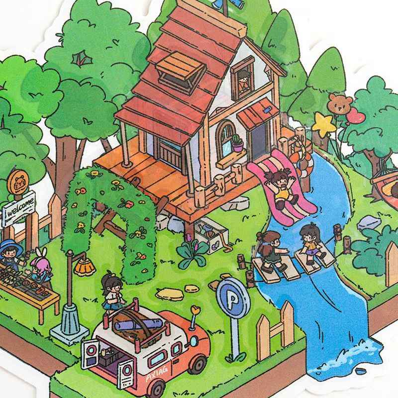 Leisure Cottage Plus – 3D DIY Miniature Sticker Scenes - 4 Theme Sets: Romantic Vacation | Forest Cottage | Cozy Home | Cat Café