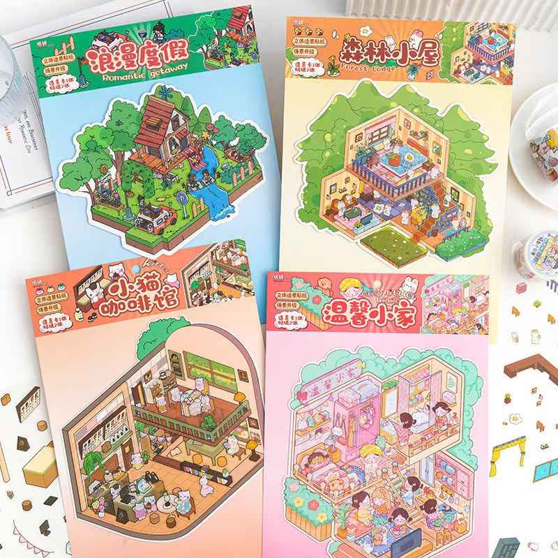Leisure Cottage Plus – 3D DIY Miniature Sticker Scenes - 4 Theme Sets: Romantic Vacation | Forest Cottage | Cozy Home | Cat Café