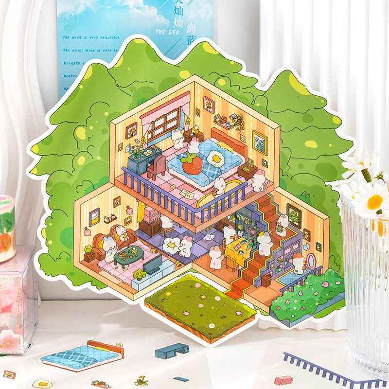Leisure Cottage Plus – 3D DIY Miniature Sticker Scenes - 4 Theme Sets: Romantic Vacation | Forest Cottage | Cozy Home | Cat Café