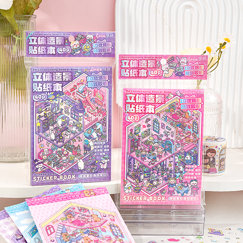 Cute Animals 3D Mini Scene Stickers Scrapbook – 20 Unique Themes: Pink Book (10 Themes) | Purple Book (10 Themes) - SNSEASY