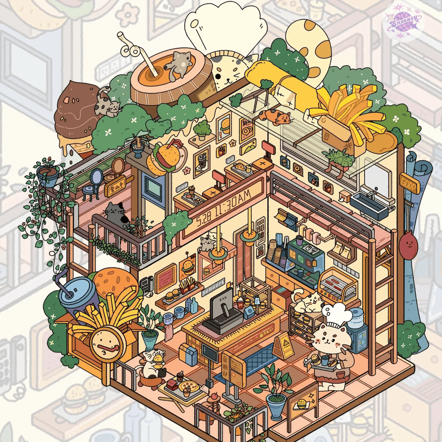 Happy Mini Mart – 3D Miniature Sticker Scenes - 5 Theme Sets: Photography Studio | Teahouse | Meow Burger Shop | Meow Bakery | Yoga & SPA