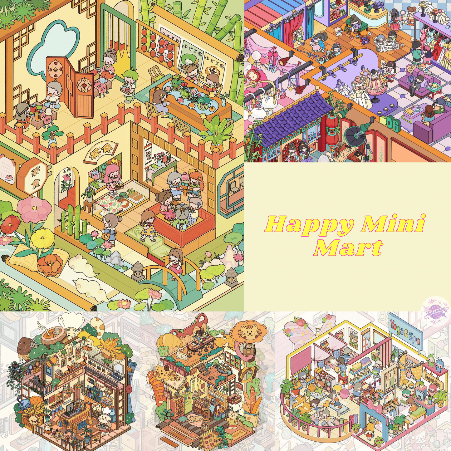 Happy Mini Mart – 3D Miniature Sticker Scenes - 5 Theme Sets: Photography Studio | Teahouse | Meow Burger Shop | Meow Bakery | Yoga & SPA