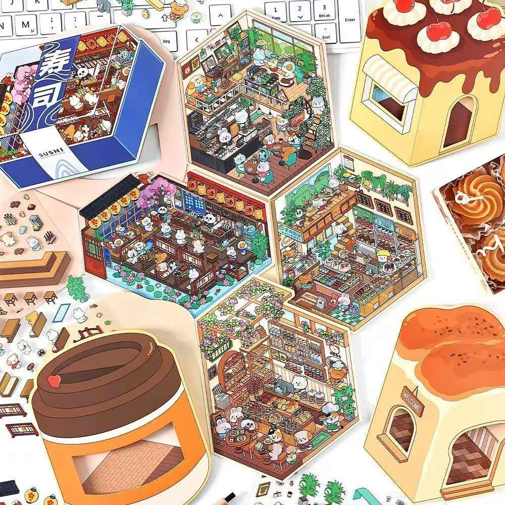 Animal Store – 3D Miniature Sticker Scenes - 4 Theme Sets: Café | Sushi Restaurant | Dessert House | Bakery