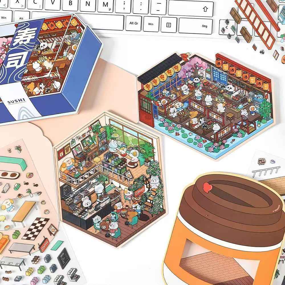 Animal Store – 3D Miniature Sticker Scenes - 4 Theme Sets: Café | Sushi Restaurant | Dessert House | Bakery