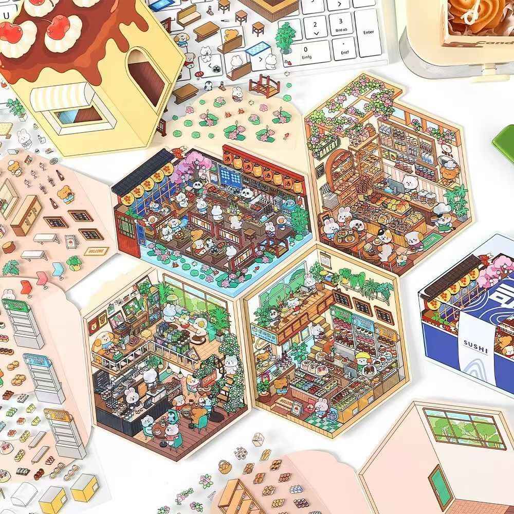 Animal Store – 3D Miniature Sticker Scenes - 4 Theme Sets: Café | Sushi Restaurant | Dessert House | Bakery