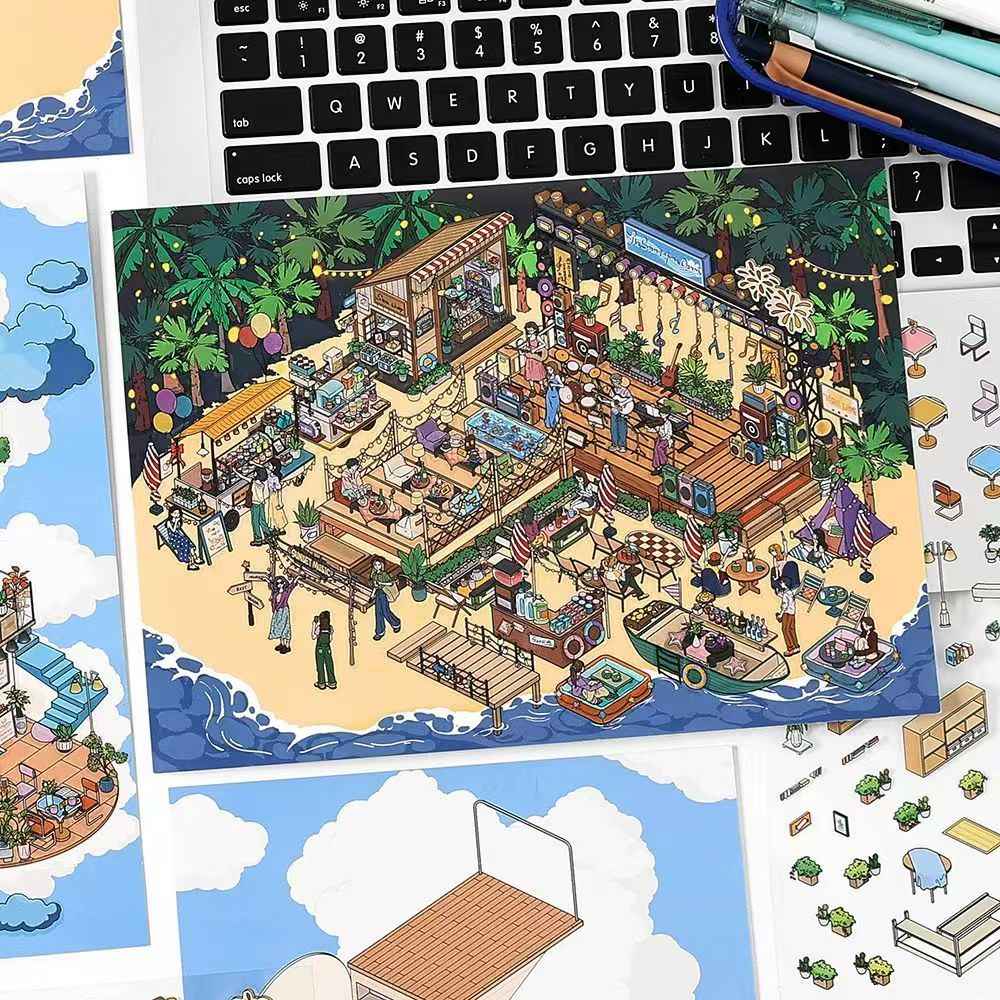 Holiday Time – Plus 3D DIY Miniature Sticker Scenes - 2 Theme Sets: Cloud Café | Island Music Festival