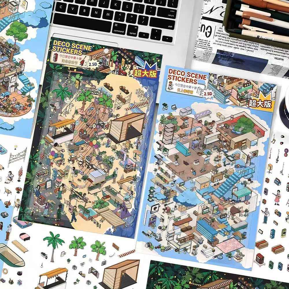 Holiday Time – Plus 3D DIY Miniature Sticker Scenes - 2 Theme Sets: Cloud Café | Island Music Festival