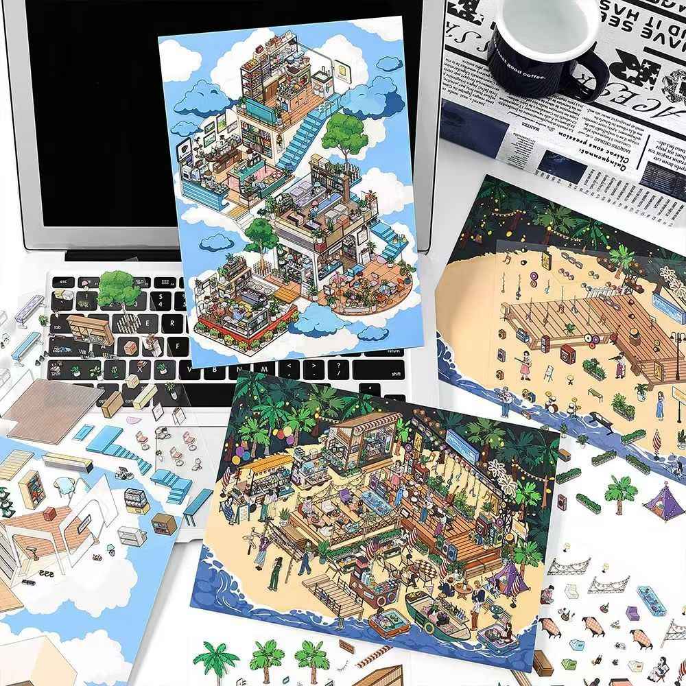 Holiday Time – Plus 3D DIY Miniature Sticker Scenes - 2 Theme Sets: Cloud Café | Island Music Festival