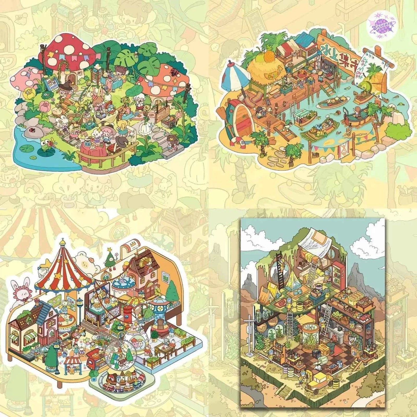 Original Magic Market Series – 3D DIY Miniature Sticker Scenes - 4 Theme Sets: Magic Market | Floating Market | Elf Town | Desert Shelter
