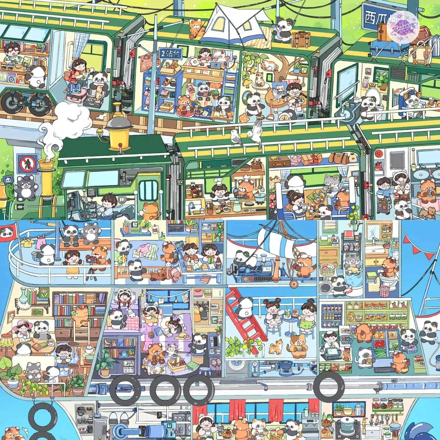 Jumbo Train and Cruise – Plus 3D Miniature Sticker Scenes - 2 Theme Sets: Green Train | Luxury Cruise