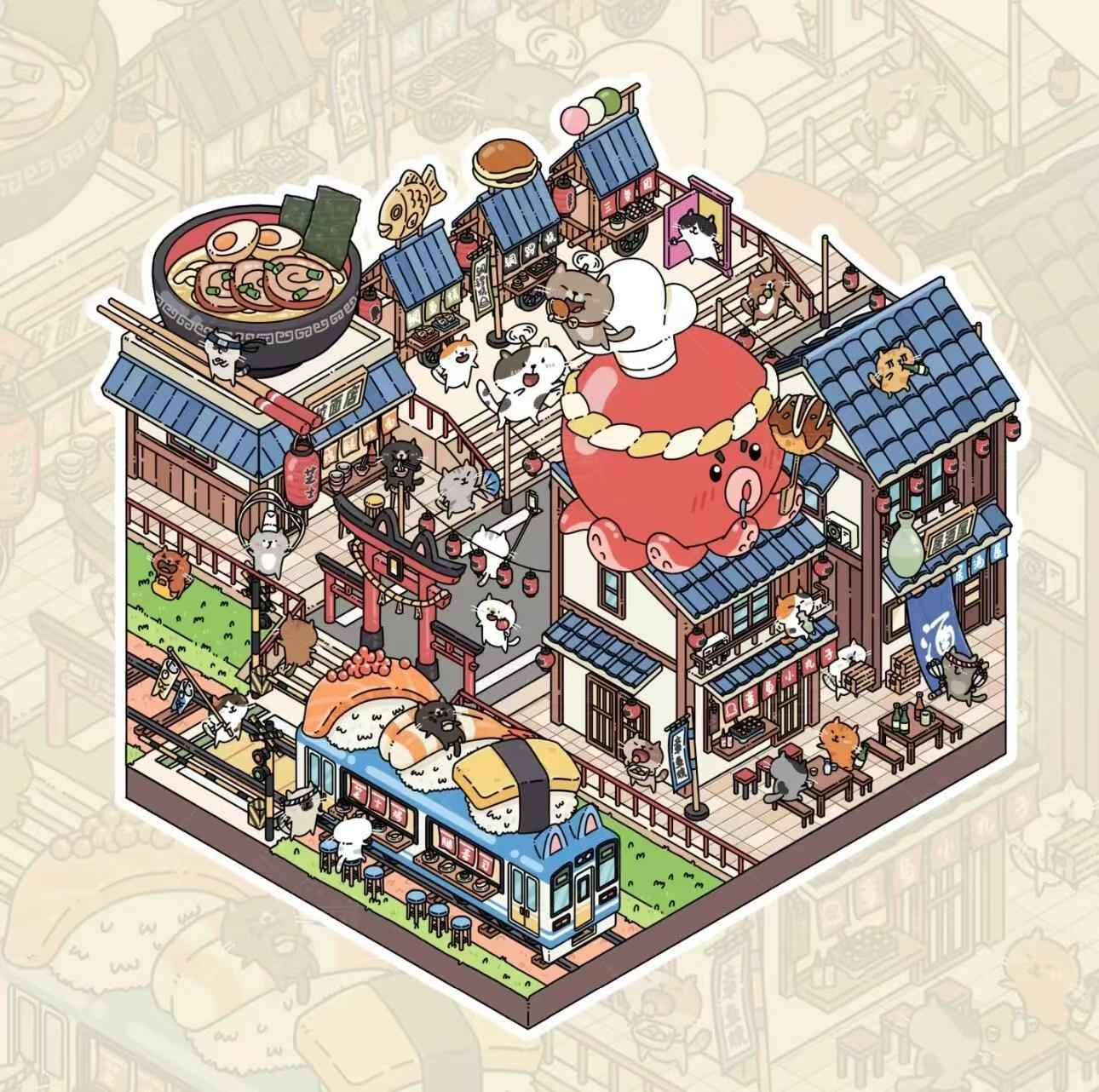 Cute Cat Sushi Street 3D DIY Miniature Sticker Scenes