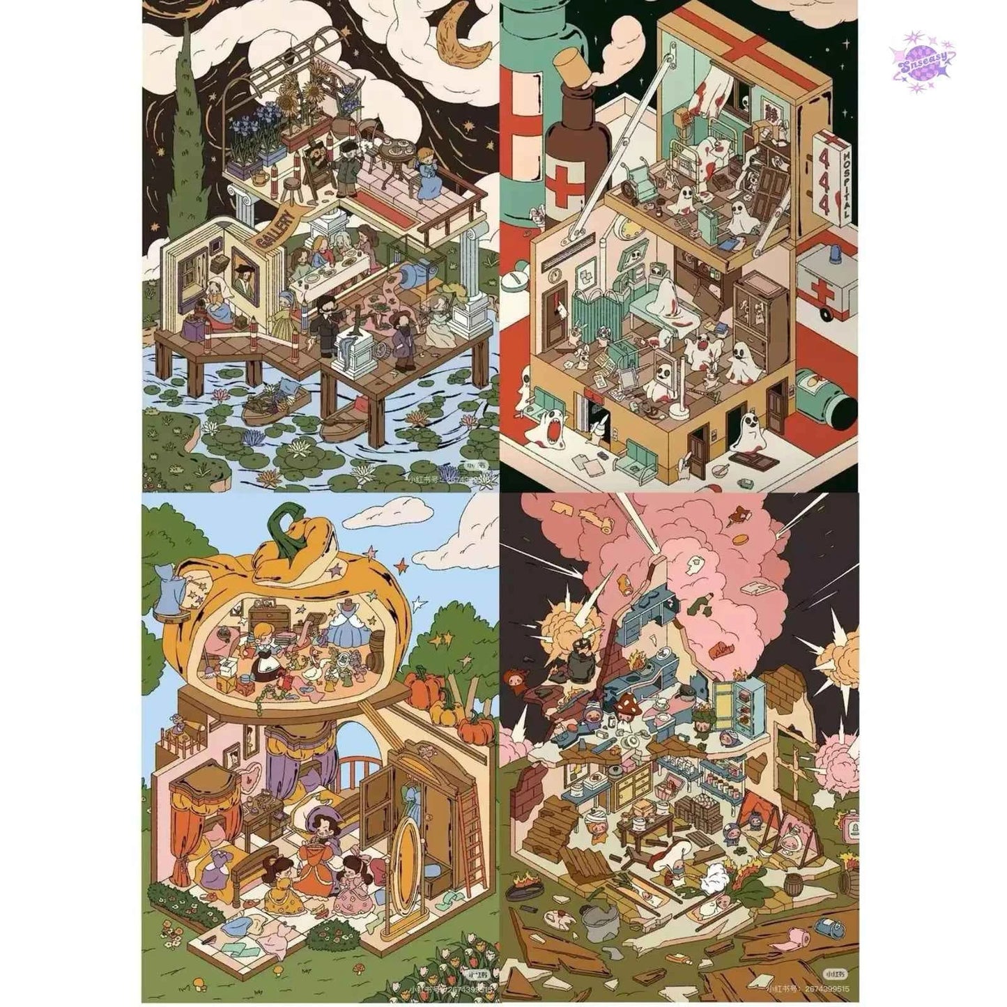 Original 2.0 Plus – 3D DIY Miniature Sticker Scenes - 4 Theme Sets: Cinderella's Story | Ward 444 Mysteries | The End is Nigh | Museum Magic Night