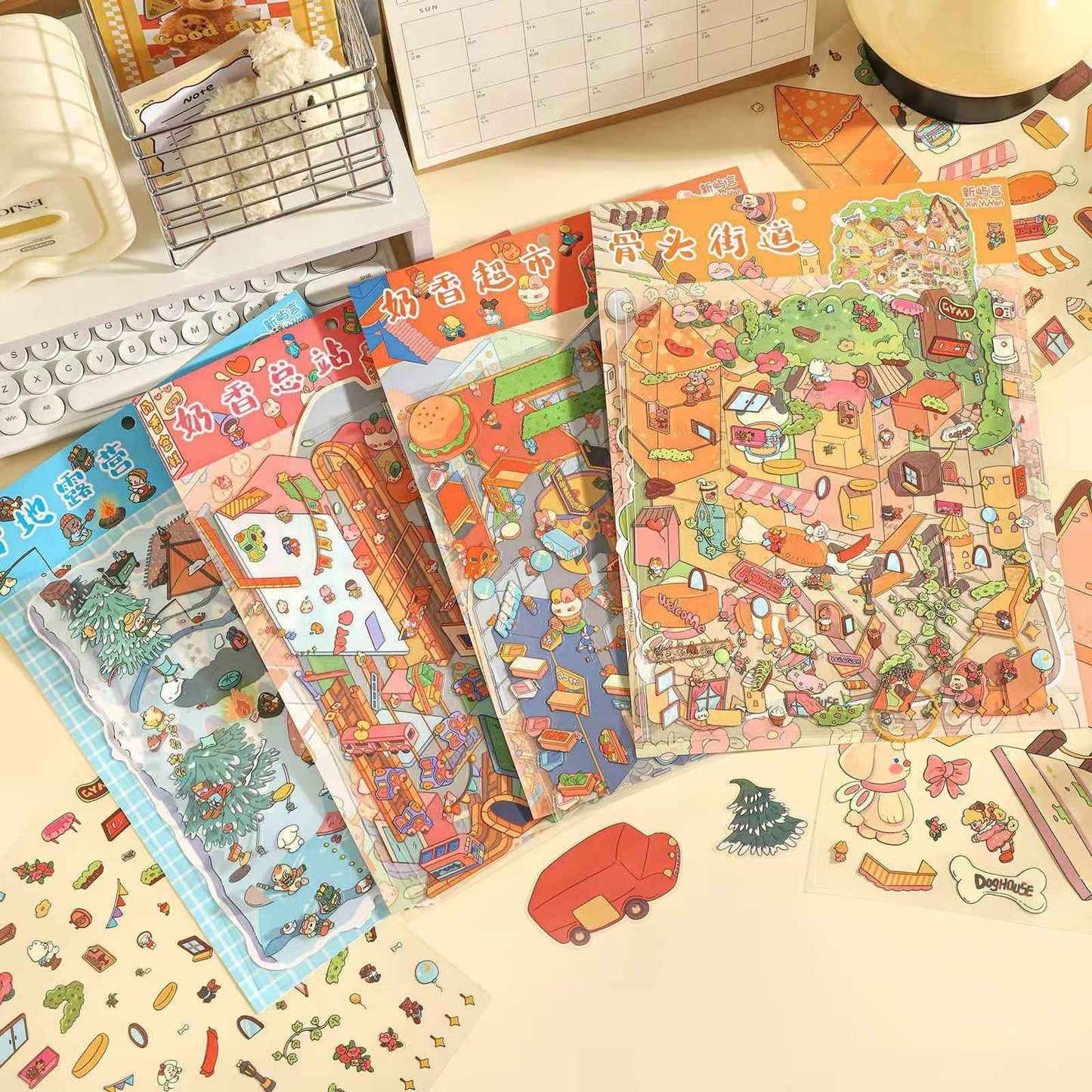 Original Plus 4-Theme 3D DIY Miniature Sticker Scenes: Snow Camping | Bone Street | Milky Supermarket | Milky Station