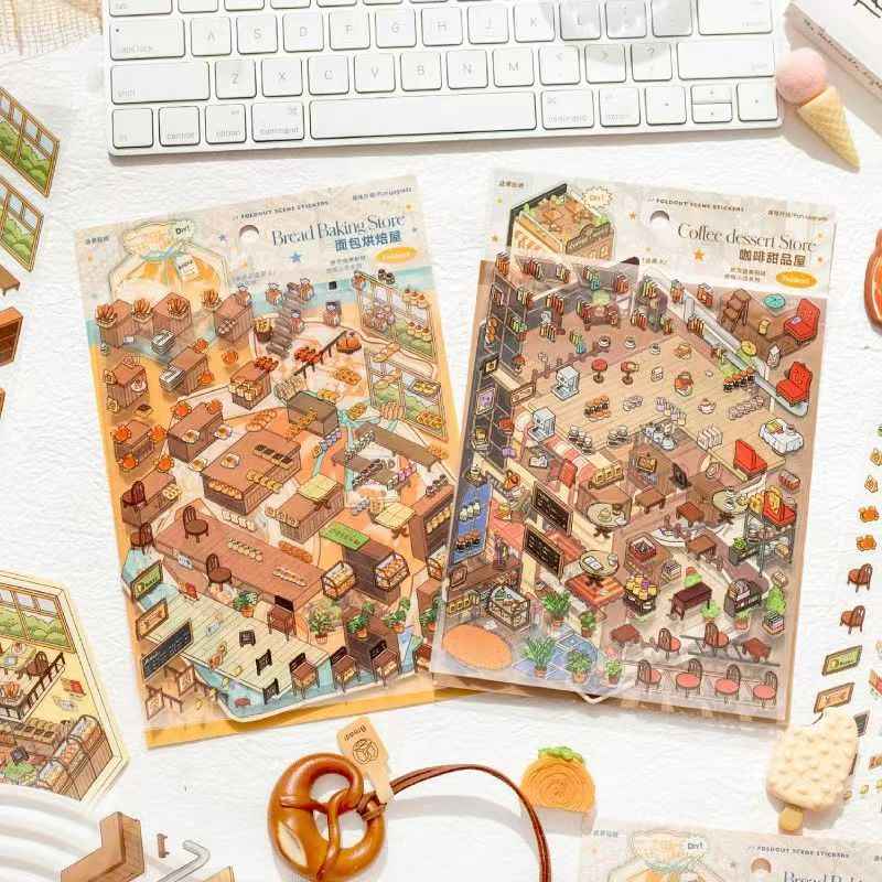 Micro Mini Shop - 3D DIY Miniature Sticker Scenes - 2 Theme Sets Coffee & Dessert Shop Bread & Bakery Shop