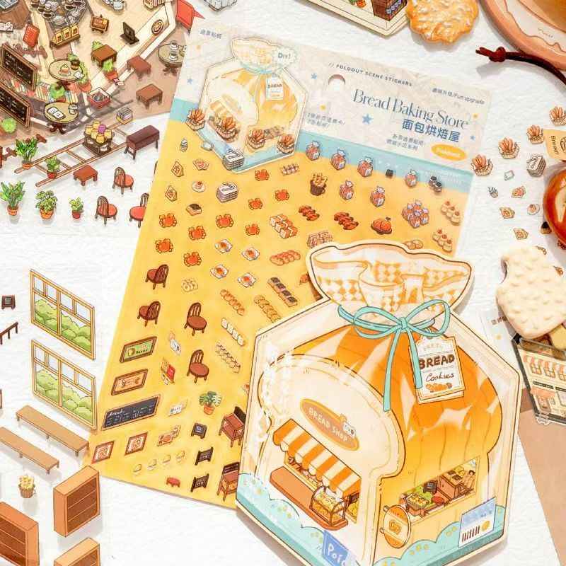 Micro Mini Shop - 3D DIY Miniature Sticker Scenes - 2 Theme Sets Coffee & Dessert Shop Bread & Bakery Shop
